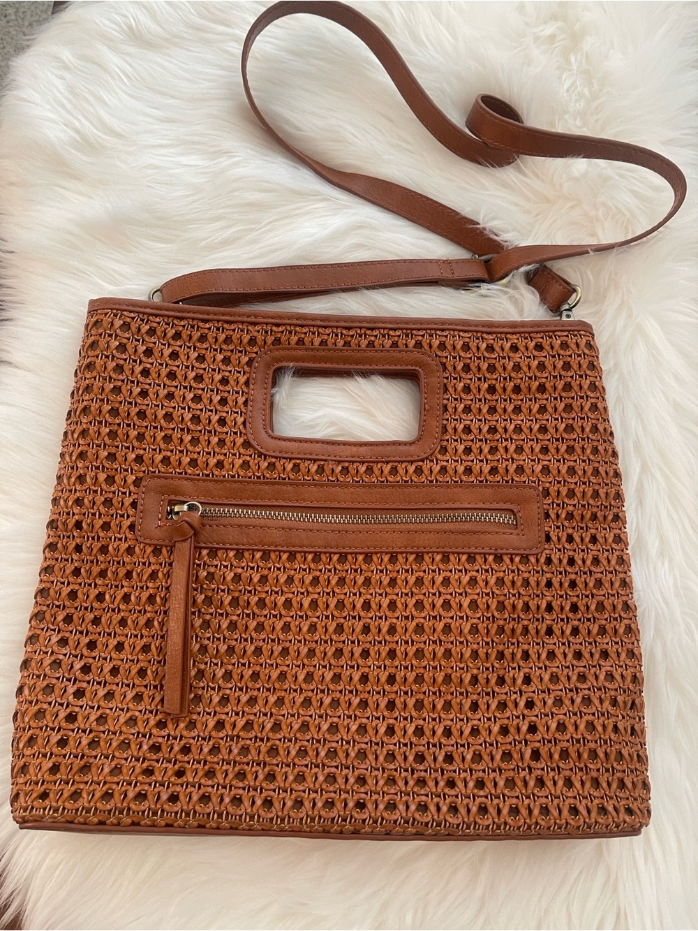 JOY Susan Woven Brown Crossbody Vegan Leather Purse with Top Handle